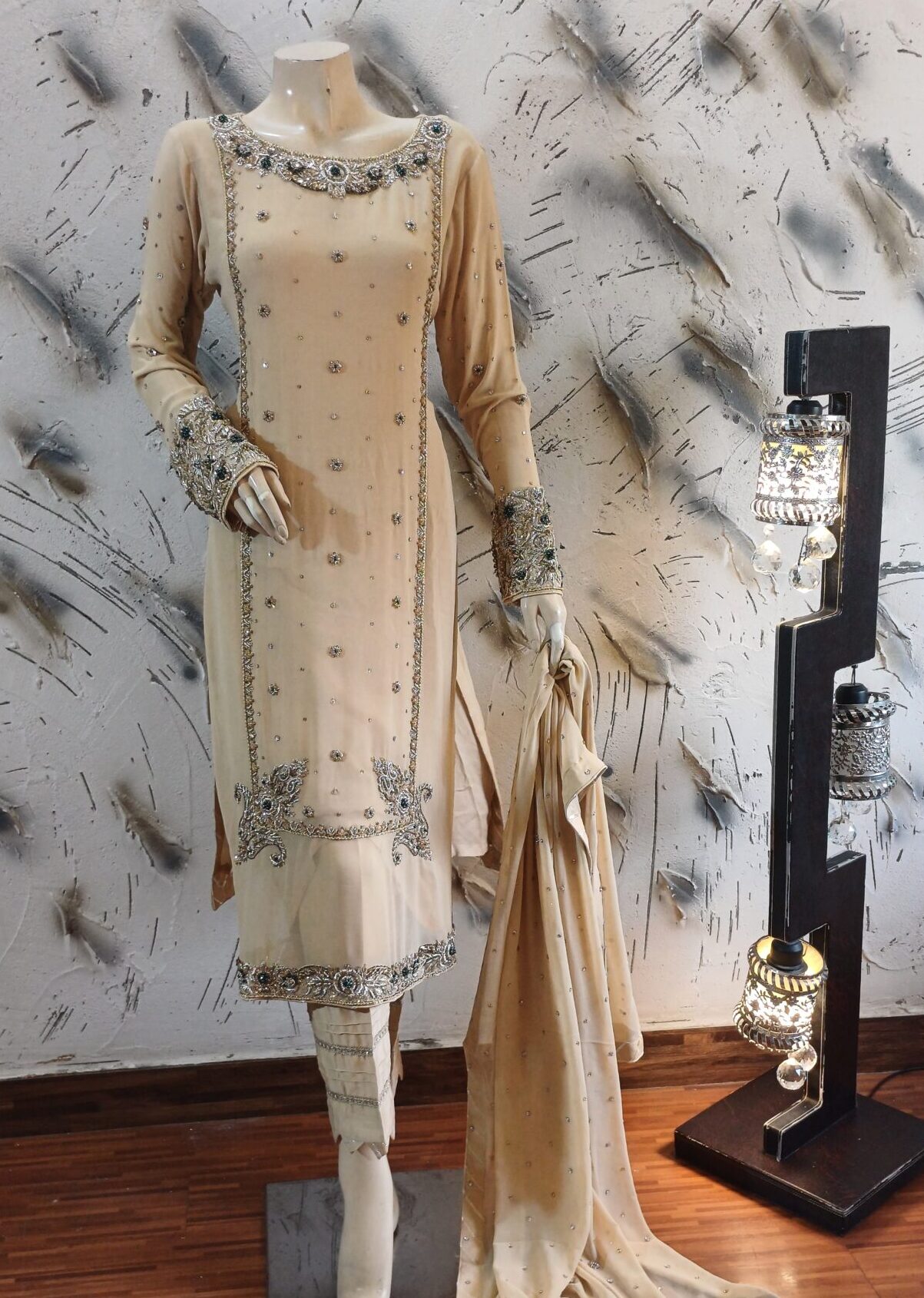 Elegant Fawn Base Outfit with Kora Dabka Work & Sparkling Chiffon Dupatta - Image 2