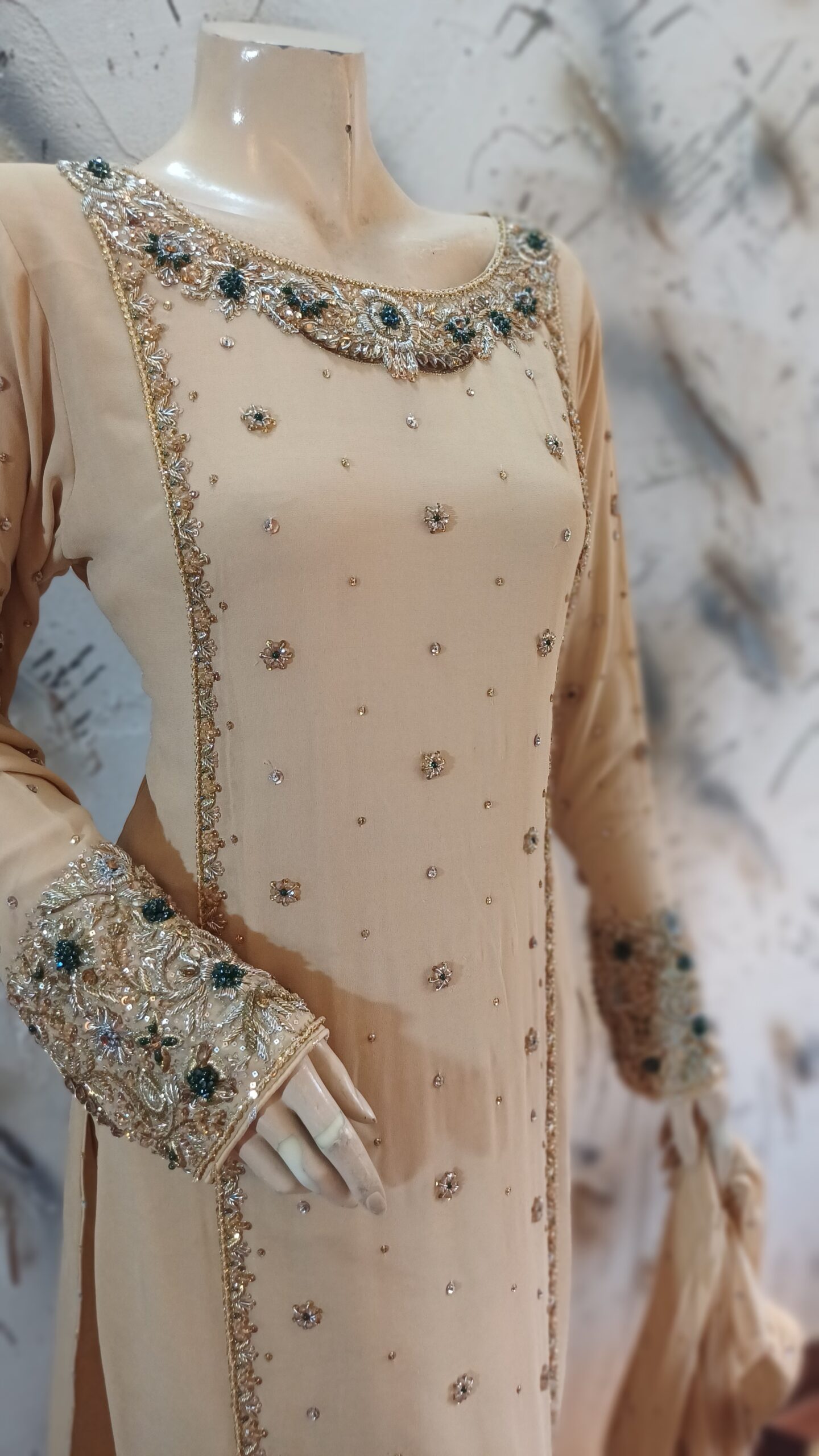Elegant Fawn Base Outfit with Kora Dabka Work & Sparkling Chiffon Dupatta - Image 3