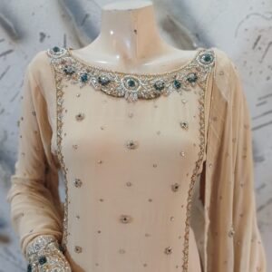 Elegant Fawn Base Outfit with Kora Dabka Work & Sparkling Chiffon Dupatta