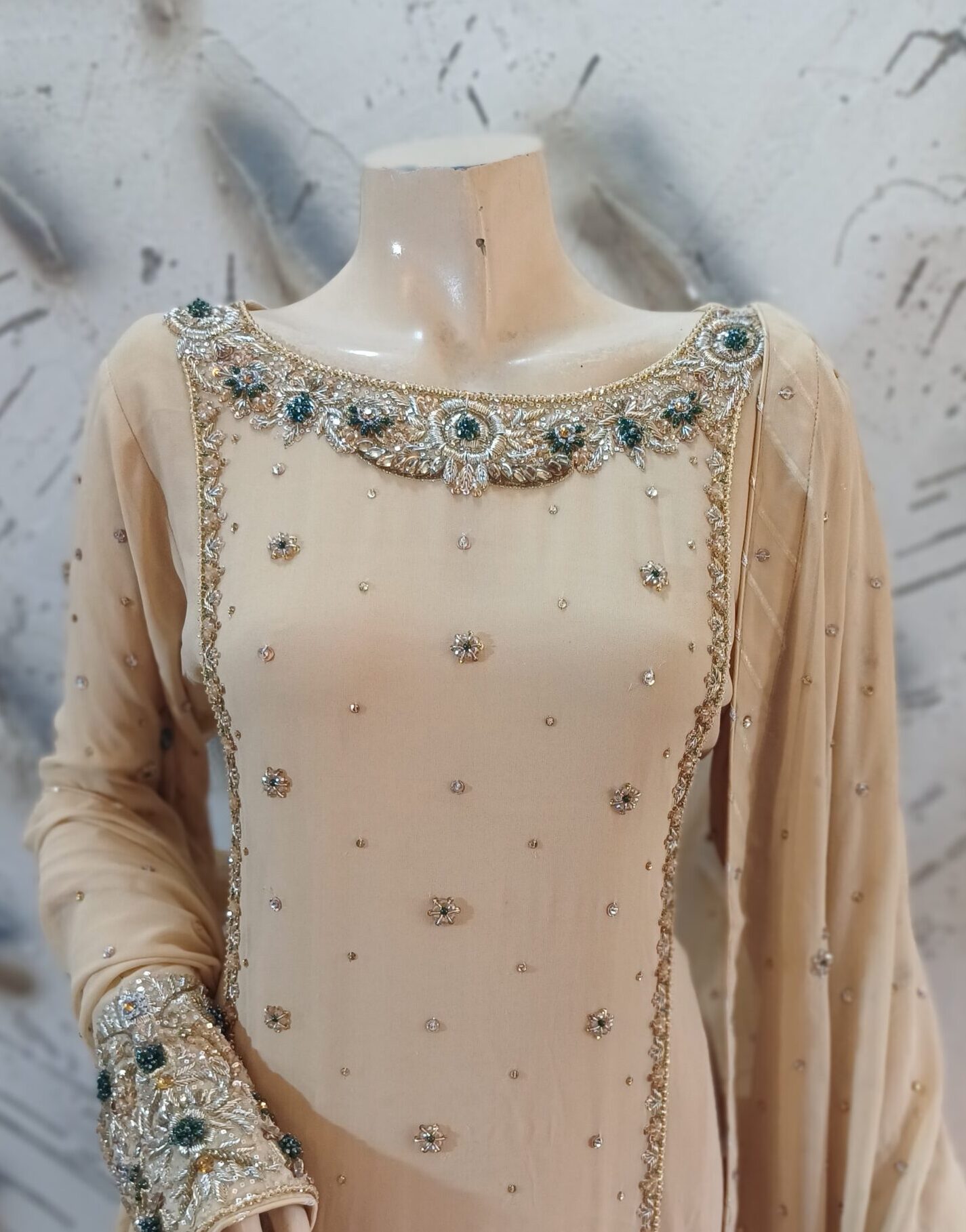 Elegant Fawn Base Outfit with Kora Dabka Work & Sparkling Chiffon Dupatta