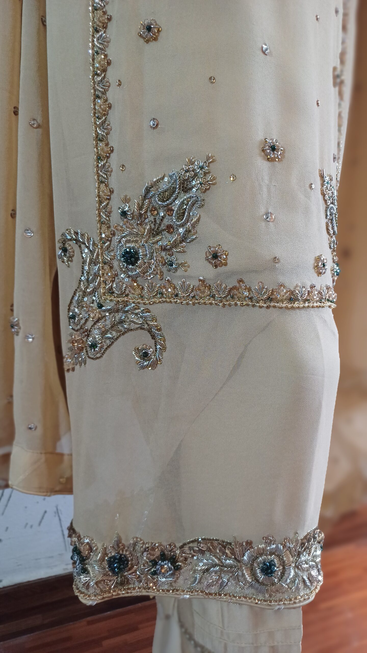 Elegant Fawn Base Outfit with Kora Dabka Work & Sparkling Chiffon Dupatta - Image 5