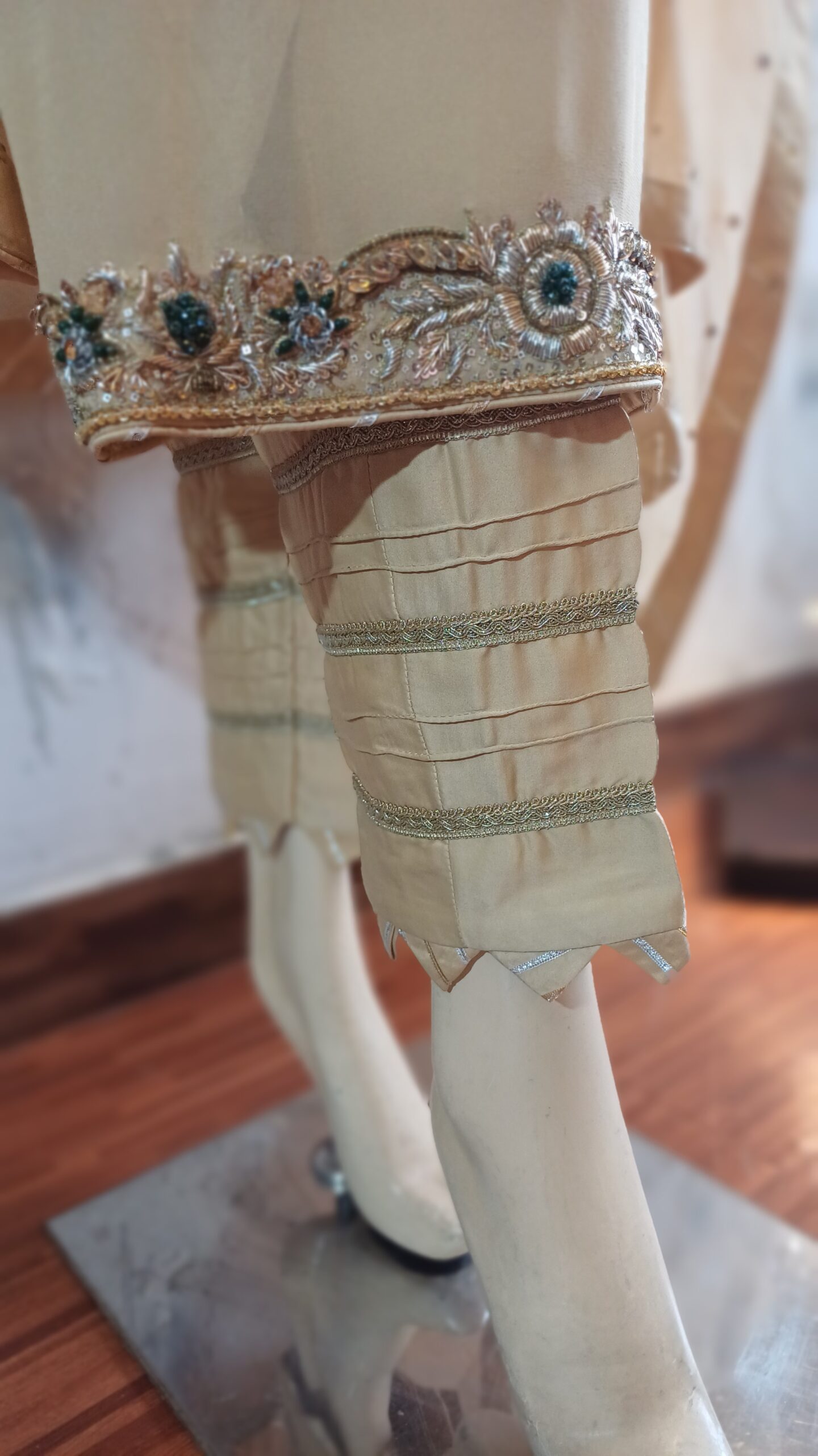 Elegant Fawn Base Outfit with Kora Dabka Work & Sparkling Chiffon Dupatta - Image 4